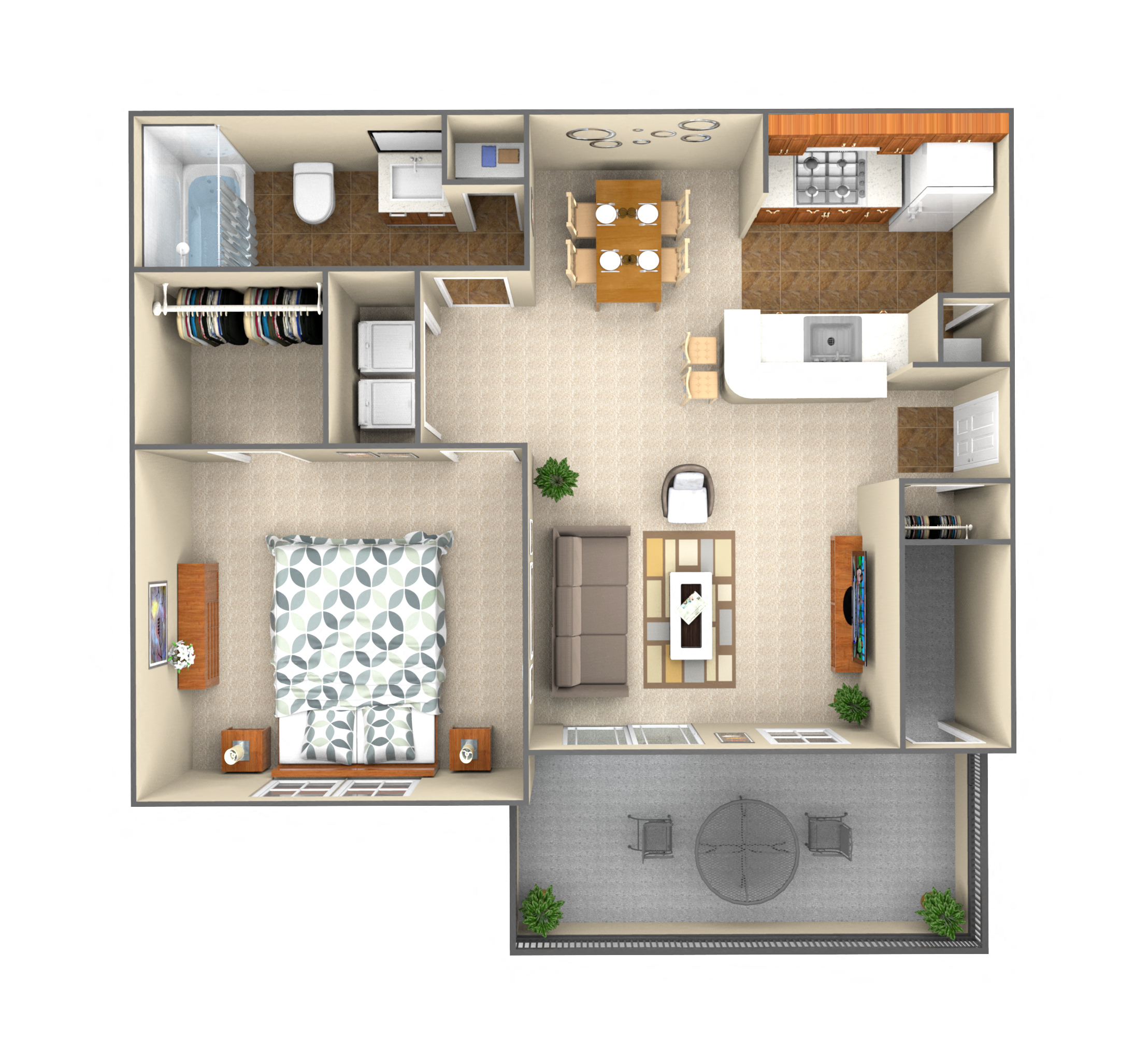 Floor plan for 1 bed, 1 bath, 664 sqft